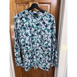 NWT Talbots Floral Lightweight Button Up Green Blue Blouse XL Office Dressy